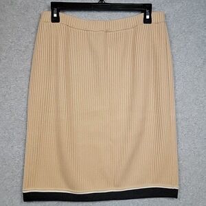 St John Collection by Marie Gray Tan Knit Skirt Gray Stripe Elastic Waist Sz 12